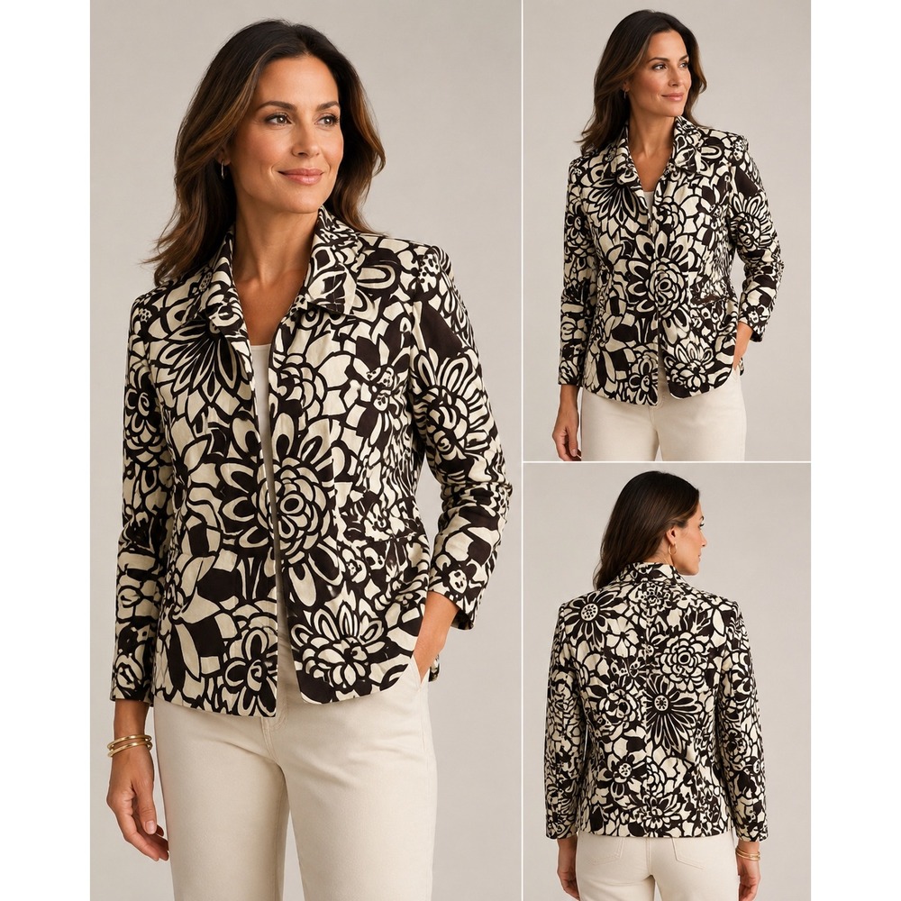 Chico's Brown Cream Floral Print Snap Front Cotton Stretch Jacket‎ Blazer Size 1